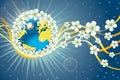 Planet earth in orbit of spring flowers and ribbon Royalty Free Stock Photo