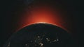 Planet earth orbit zoom in red sunlight radiance Royalty Free Stock Photo