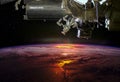 Planet Earth from the outer space and spaceship above. Royalty Free Stock Photo