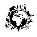 Planet Earth with people and animals black silhouette vector