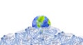 Planet Earth on pile of plastic garbage trash. Great Pacific Garbage Patch. Disposable blue transparent bottles and cups