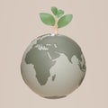 Planet earth and plant on beige background. Earth day symbol. Globe with sapling, Eco Save the world, Clean environment,