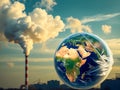Planet Earth in a plastic bag against the background of a smoking chimney Royalty Free Stock Photo