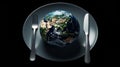 The planet Earth plate with a fork and knife, hyper realistic. Generative ai Royalty Free Stock Photo