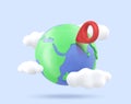 planet Earth with red pointer 3d vector icon. World traveling or GPS navigation concept. Vector