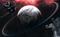 Planet Earth with rings. Astronaut out of focus. Space station blurred in motion. Solar system. 3D Render