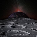 Planet Earth rises above the surface of the Moon, dotted with craters, and the sunlight behind. Royalty Free Stock Photo