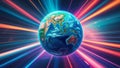 Planet earth rotating in outer space with colorful light trails