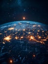 Planet earth rotating showing global business hubs lighting up at night
