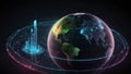 Planet earth rotating showing futuristic city and data streaming through space