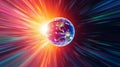 Planet earth rotating surrounded by colorful hyperspace light speed effect