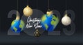Planet earth 2023 sale banner or greeting card. Merry Christmas and happy new year 2023 sport banner with glassmorphism or glass- Royalty Free Stock Photo