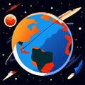 Planet earth with satellite. Vector illustration in flat style on space background. Generative AI Royalty Free Stock Photo