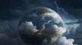 The planet Earth is shrouded in clouds, with lightning visible in some places. The concept of stormy weather and weather forecast