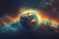 Planet earth is shrouded in rainbows and clouds among the stars in space. Generated by artificial intelligence Royalty Free Stock Photo
