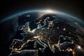 Planet Earth from Space at night. Europe Countries highlighted. city lights showing human activity in Europe from space. Royalty Free Stock Photo