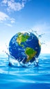Planet Earth splashes into clear blue ocean water under a bright sky with clouds Royalty Free Stock Photo