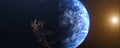 Planet Earth and Sun 3D rendering. Realistic illustration from space, horizontal banner resolution. High quality Royalty Free Stock Photo