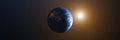 Planet Earth and Sun 3D rendering. Realistic illustration from space, horizontal banner resolution. High quality Royalty Free Stock Photo