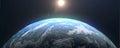 Planet Earth and Sun 3D rendering. Realistic illustration from space, horizontal banner resolution. High quality Royalty Free Stock Photo