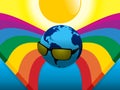 Planet Earth with sunglasses on crossing rainbows