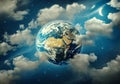 Planet Earth surrounded by clouds, the moon and stars in the night sky. Fantasy collage on travel, geography, space, science and