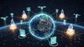 Global network of interconnected technology devices surrounding planet Earth with drones and data nodes Royalty Free Stock Photo