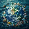 Planet Earth surrounded by plastic waste.