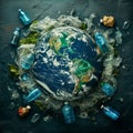 Planet Earth surrounded by plastic waste.