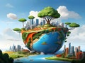 planet Earth with sustainable environment, balanced ecosystem, nature and city