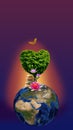 Planet Earth with a symbolic tree in the shape of a heart, lotus flowers, a cairn and a butterfly