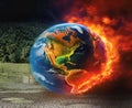 planet earth with trees and green grass on one side fire on the other Royalty Free Stock Photo