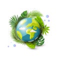 Planet Earth and tropical leaves on white background