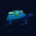 Planet Earth on Turtle back swim on space creation myth concept in cartoon illustration vector Royalty Free Stock Photo