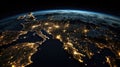 Planet Earth viewed from space with city lights in Europe. Planet Earth background Royalty Free Stock Photo