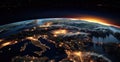 Planet Earth viewed from space with city lights in Europe. Planet Earth background Royalty Free Stock Photo