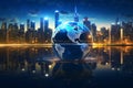 Planet Earth on Water Floor with Blurred City Lights Background at Night Royalty Free Stock Photo