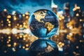 Planet Earth on Water Floor with Blurred City Lights Background at Night Royalty Free Stock Photo