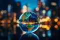 Planet Earth on Water Floor with Blurred City Lights Background at Night Royalty Free Stock Photo