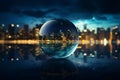 Planet Earth on Water Floor with Blurred City Lights Background at Night Royalty Free Stock Photo