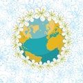 Planet earth with wreath of spring flowers on flow Royalty Free Stock Photo