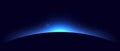 Planet eclipse concept. Blue solar light glare effect. Abstract glowing sunrise on dark background. Earth horizon halo