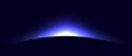 Planet eclipse concept. Purple blue solar light glare effect. Abstract glowing sunrise on dark background. Earth horizon