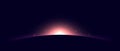 Planet eclipse concept. Red purple solar light glare effect. Abstract glowing sunrise in dark space. Earth horizon halo