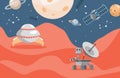 Planet exploration vector flat poster concept. Mars rover, space exploring, scientific research with robotic vehicles.