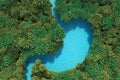 Planet Health Concept. Blue River in Shape of Stomach Organ in Green Jungle Forest. 3d Rendering