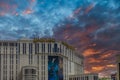 Planet Hollywood Hotel in the city skyline with video billboards, powerful clouds at sunset at the Bellagio Hotel in Las Vegas