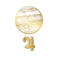 Planet Jupiter, golden linear hand drawing. Vintage boho symbol for astrology, zodiac signs, divination, natal chart