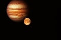 Planet Jupiter  with a large satellite on a dark background. Elements of this image were furnished by NASA Royalty Free Stock Photo