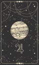 Planet Jupiter, linear hand drawing on a black space card with stars. Symbol for astrology, signs of the zodiac
